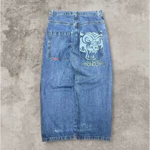 JNCO Tigers Tribal Denim Baggy Wide Leg Jeans Sz 38 Embroidered Distressed Blue